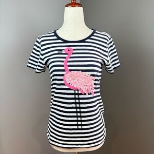 J Crew Factory Collector Tee Size S Navy White Striped Sequined Pink Flamingo
